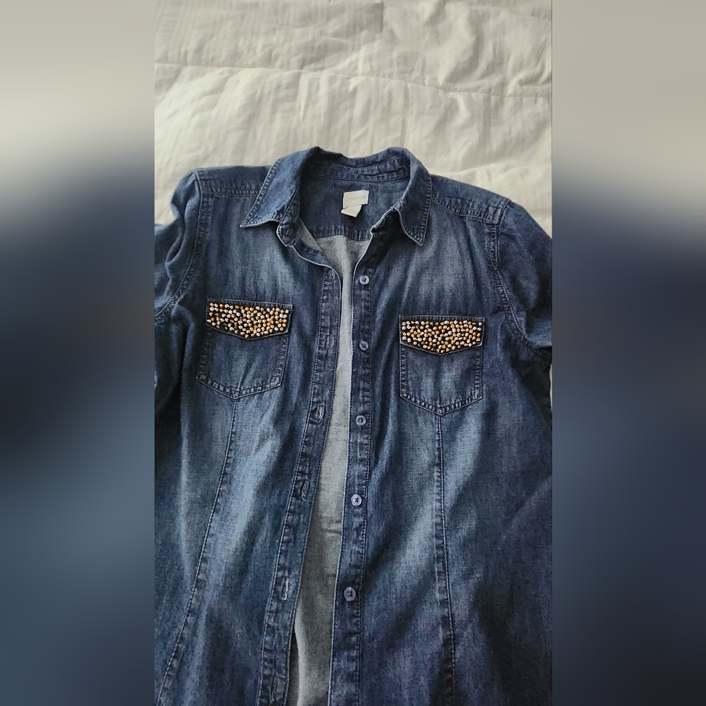 Chico's Blue Denim Shirt with Gold Studs